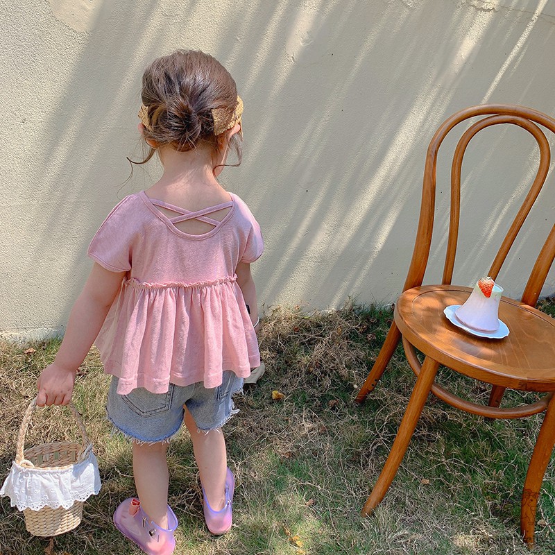 Áo thun tay ngắn phối dây chéo sau lưng phong cách Hàn Quốc thời trang xinh xắn cho bé gái