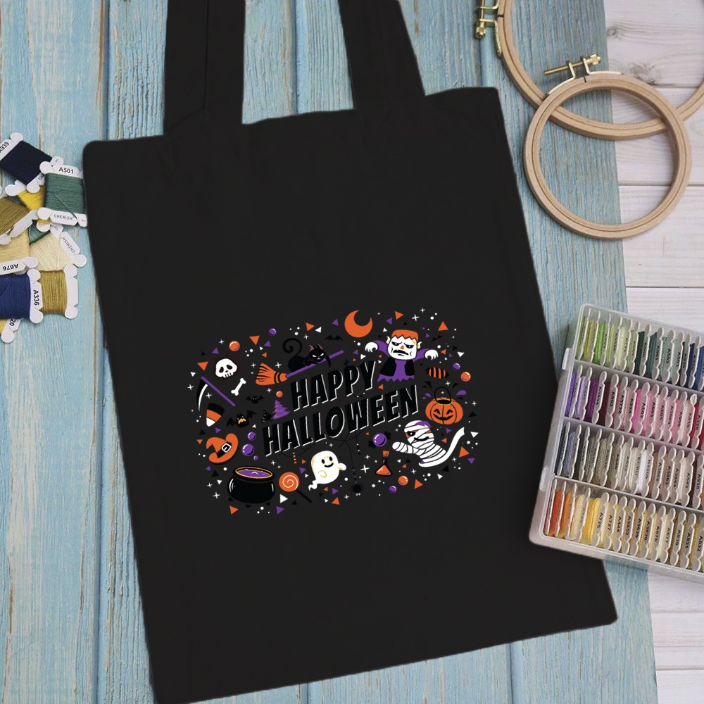 Túi vải, túi Tote (màu đen) HALLOWEEN - Mẫu 2 vải canvas dày đẹp cho nữ có khóa miệng đi học đi chơi.