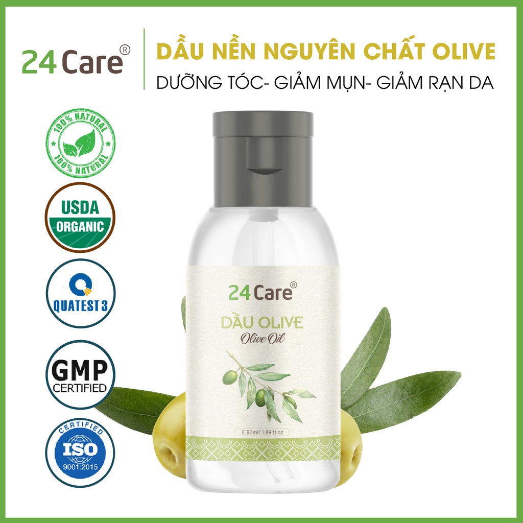 Dầu Olive 24Care Nguyên Chất - Dưỡng trắng da, giảm mụn, dưỡng ẩm da, tẩy lớp trang điểm sạch sâu - Dung tích 60ml