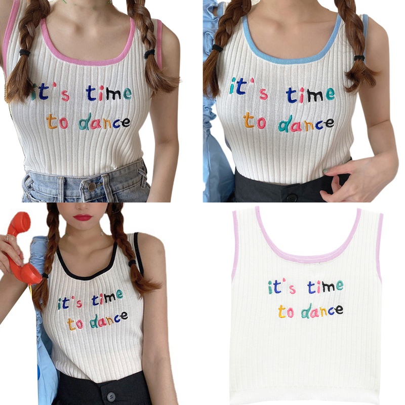 Áo Croptop Dệt Kim Không Tay Thêu Chữ Nhiều Màu Sắc Dễ Thương Cho Nữ