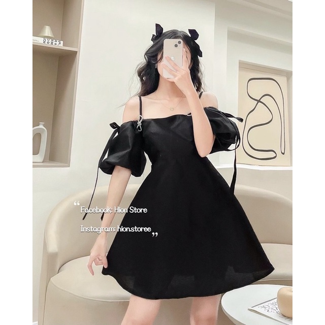 Đầm tiểu thư trễ vai đen đính nơ đá