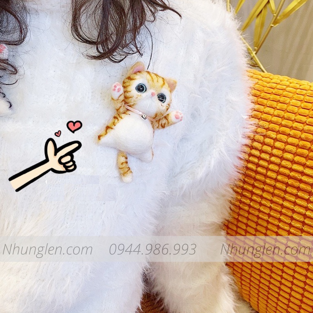 Tự làm Pin cài áo từ len chọc hình Con Mèo, Có Video hướng dẫn - Needle Felting Cat