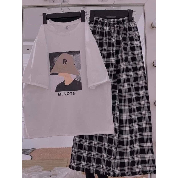 Set Culottes Kẻ Ô Thun Cô Gái Đội Mũ 💙 HD Clothings 💙 Bộ áo thun tay lỡ oversize nhiều màu kèm quần ống rộng kẻ caro