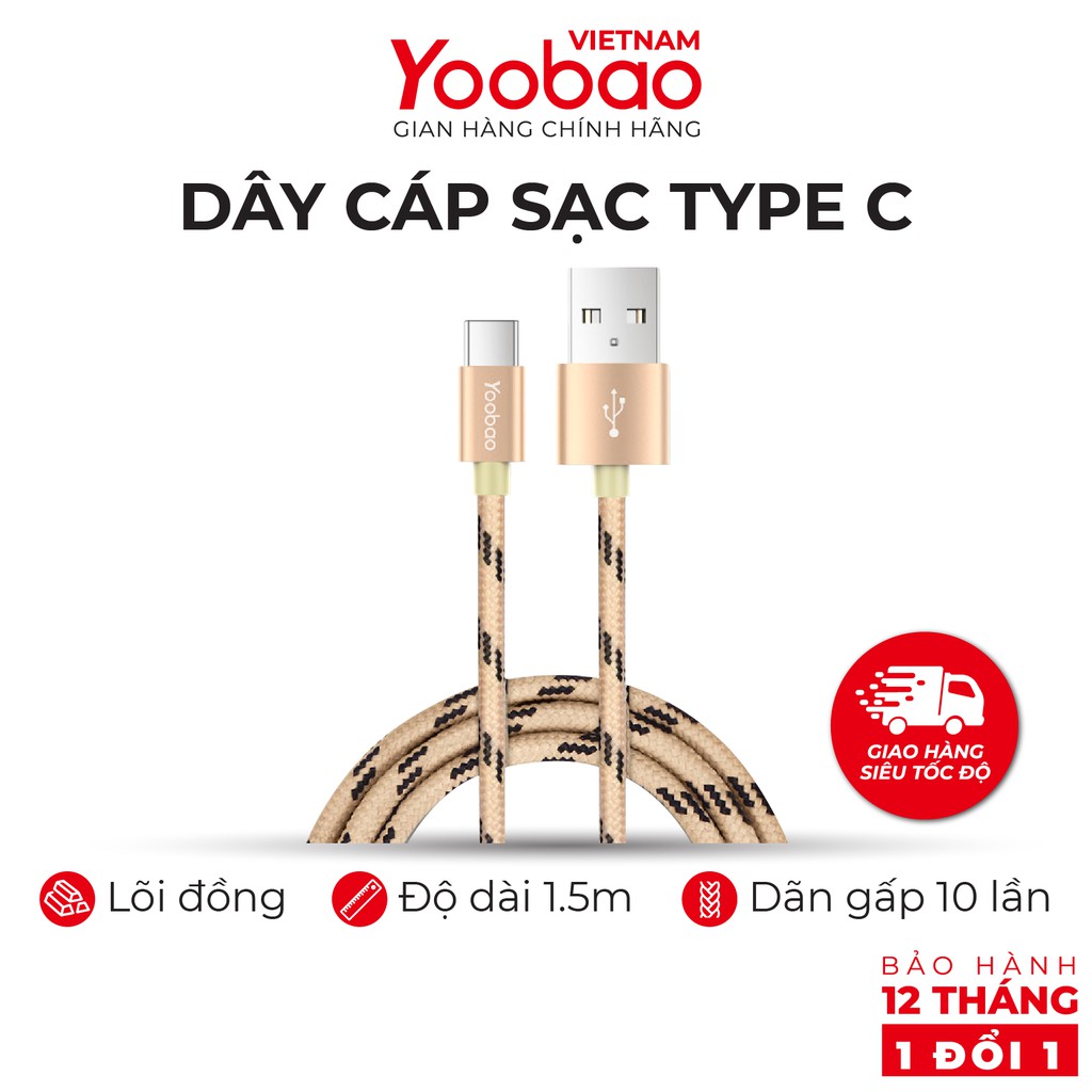 Dây cáp sạc USB Type C YOOBAO YB-415C Vỏ bện nylon dài 1.5m - Hàng chính hãng Bảo hành 12 tháng 1 đổi 1