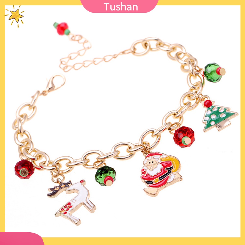 TUSH_Christmas Unisex Santa Tree Elk Pendant Charm Chain Bracelet Hand Wrist Jewelry
