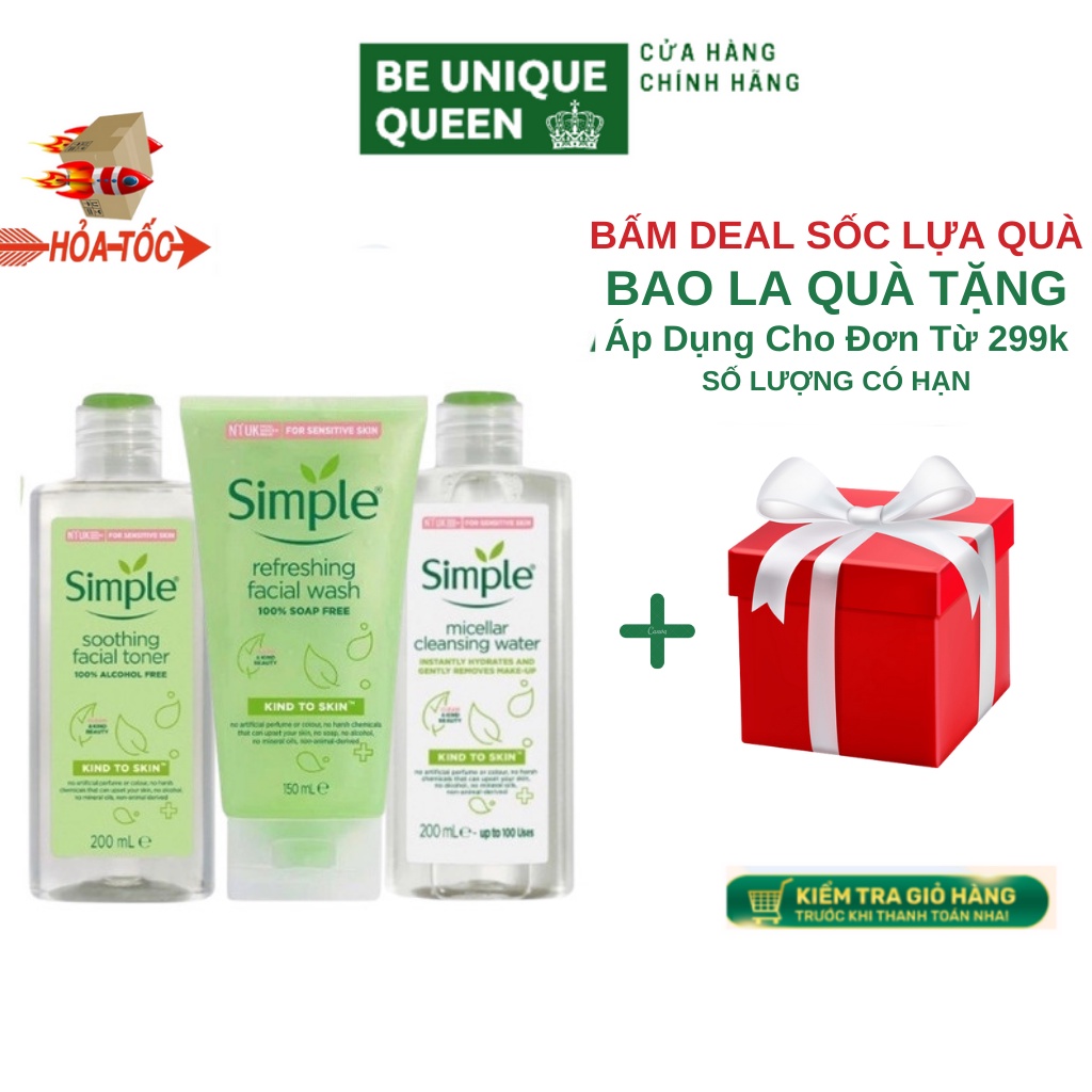 Combo Bộ Dưỡng Ẩm Da Simple 3 Món Cho Da Khô , Dầu Mụn Nhay Cảm Chính Hãng ( Sữa Rửa Mặt , Tẩy Trang , Toner )