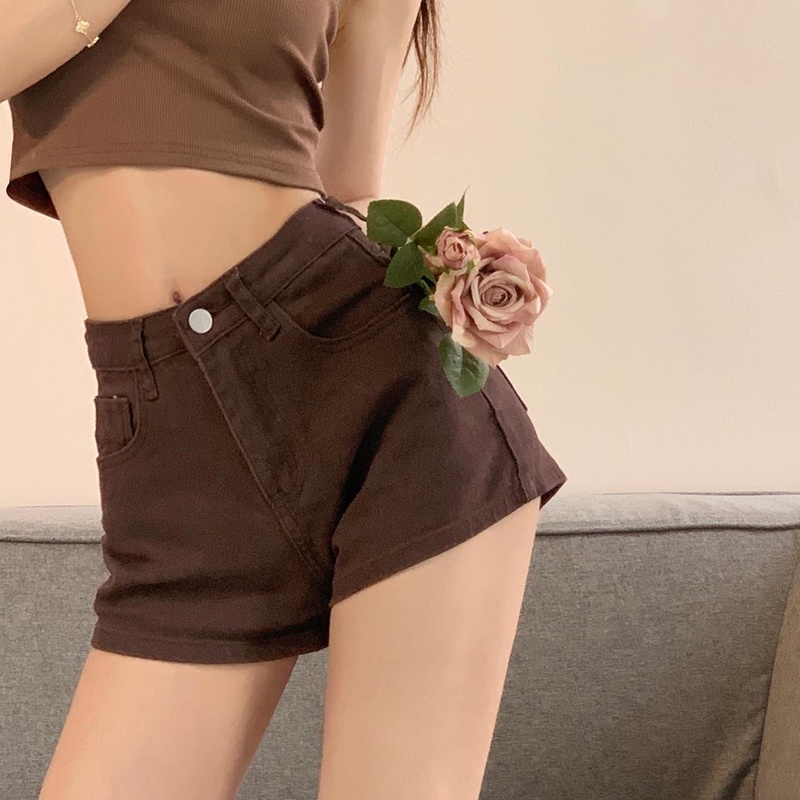 Quần ngắn IELGY denim mỏng nâng mông màu nâu dễ phối đồ cho nữ