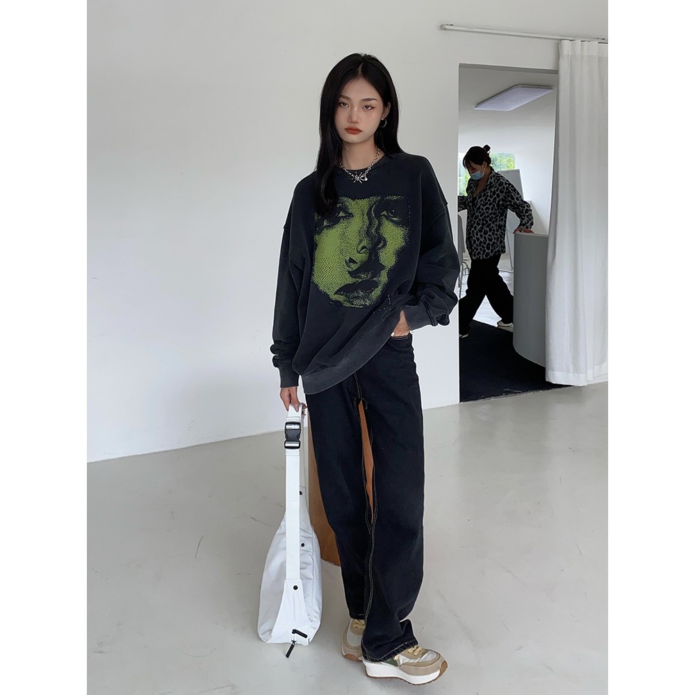 Áo sweater cổ tròn dáng rộng phong cách hip hop trẻ trung cho cặp đôi