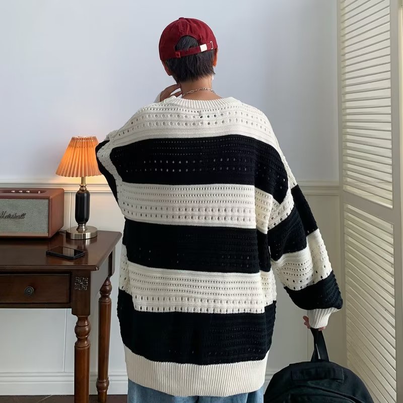 Áo Sweater Dệt Kim Dáng Rộng Kẻ Sọc Trắng Đen Kiểu Hàn Quốc Cá Tính Cho Nam Và Nữ