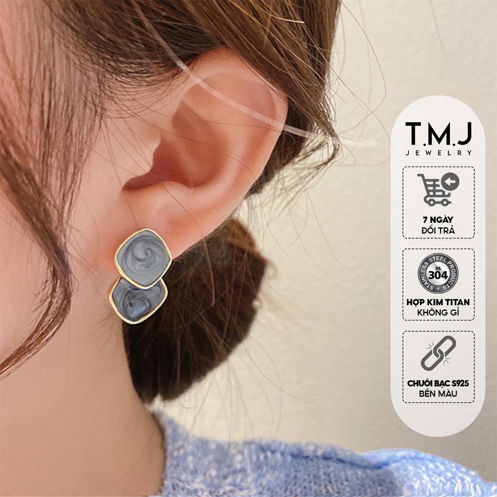 Bông tai nữ TMJ thiết kế tương phản màu xanh dương sóng nhũ s925 phong cách retro Hàn Quốc - kt06