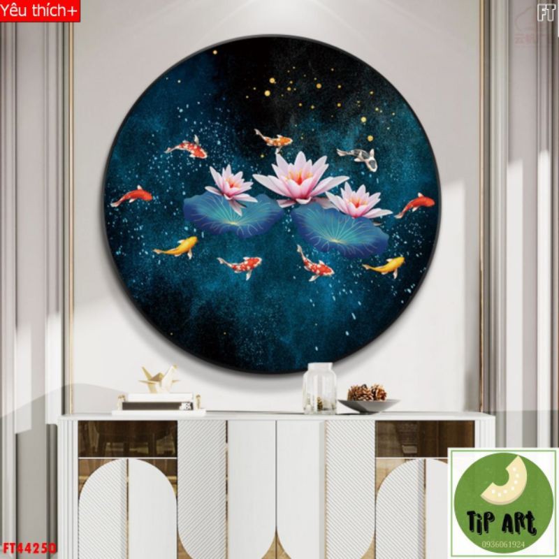 Tranh tráng gương tròn hoa sen decor phòng khách, phòng ăn, Spa, khách sạn