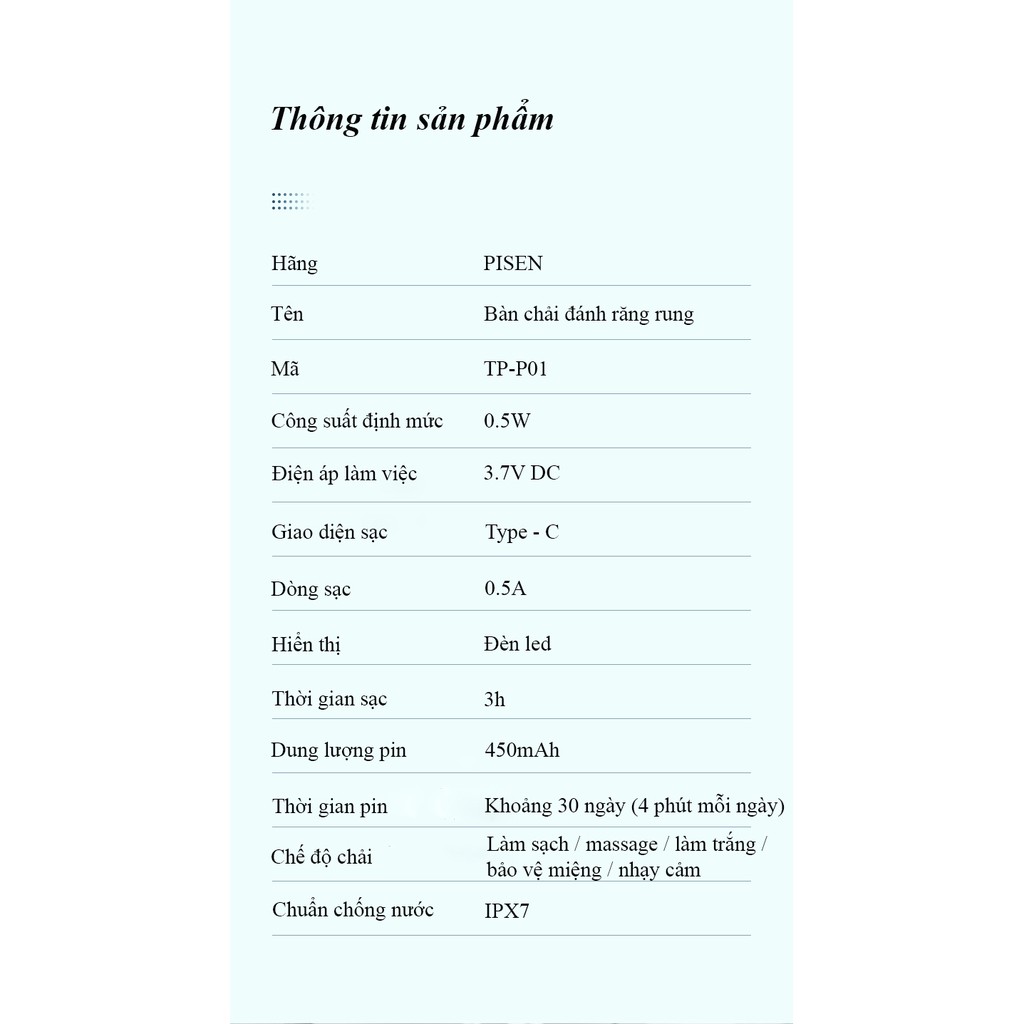 Bàn chải đánh răng điện PISEN TP-P01 (Sonic) - Hàng chính hãng