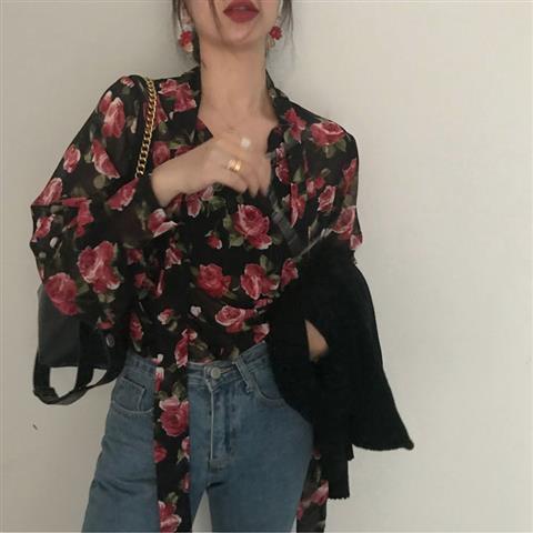 COZOK Áo Sơ Mi Chiffon Tay Dài In Họa Tiết Hoa Hồng Thời Trang Cho Nữ