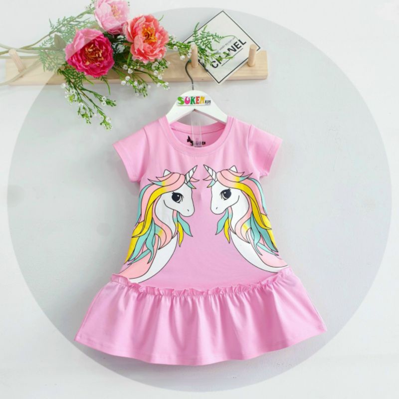 Đầm thun cotton xịn tay cánh tiên xinh xắn in ngựa pony cho bé 9-25kg