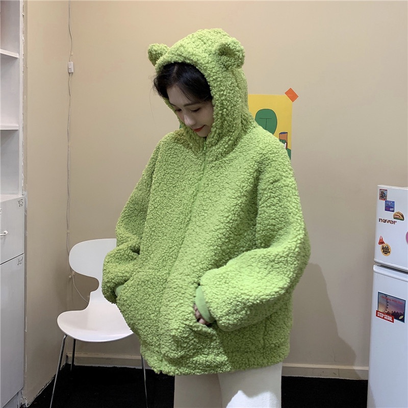 Áo khoác hoodie nỉ bông xù mũ lông tai gấu chuột nữ đáng yêu