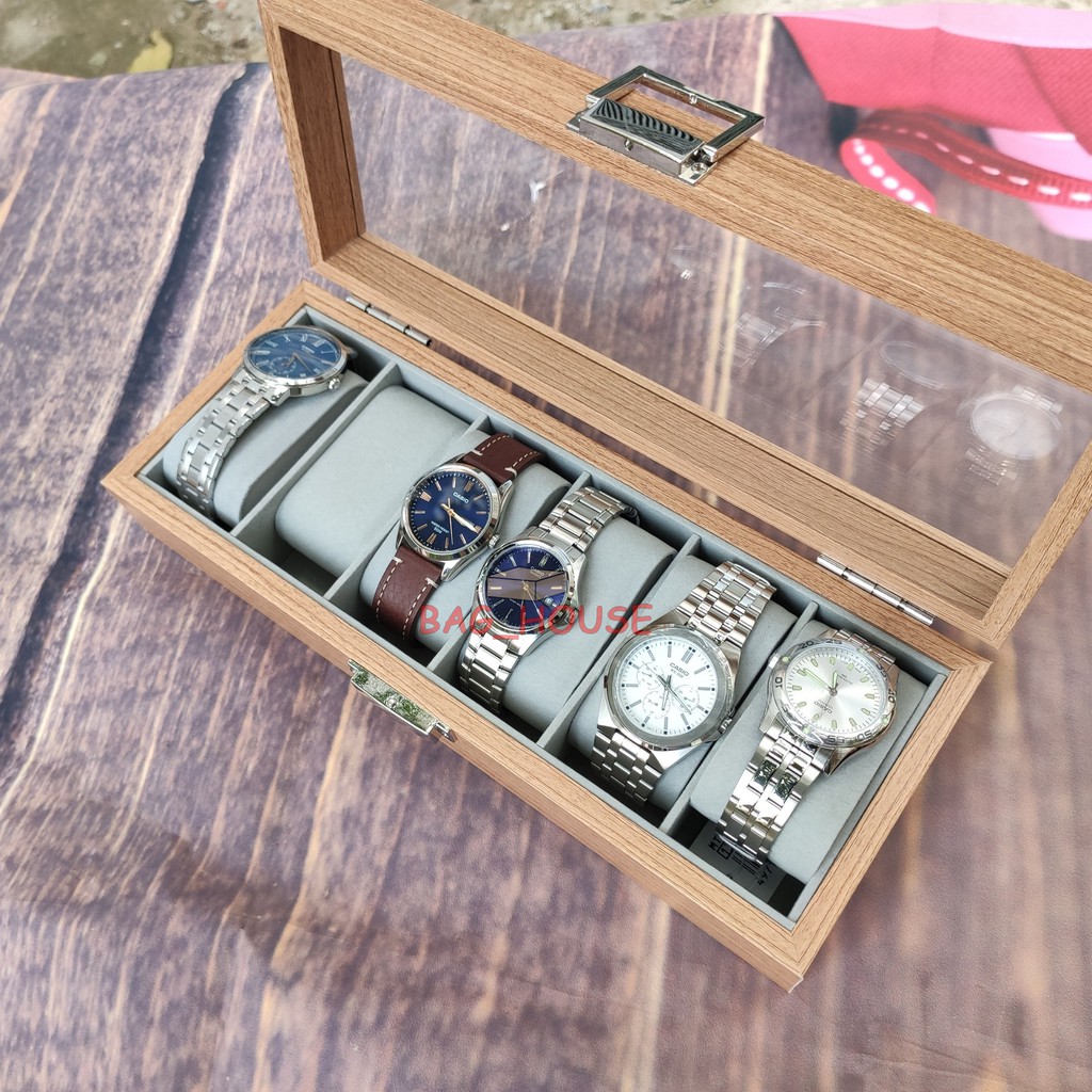 Hộp đựng đồng hồ 6 chiếc bằng gỗ mặt kính trong suốt - W147
