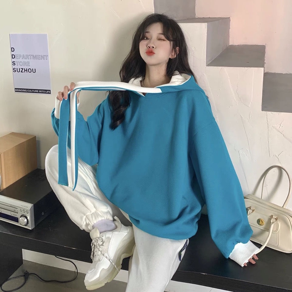 Áo hoodie tay dài dáng rộng màu sắc tương phản dành cho nữ
