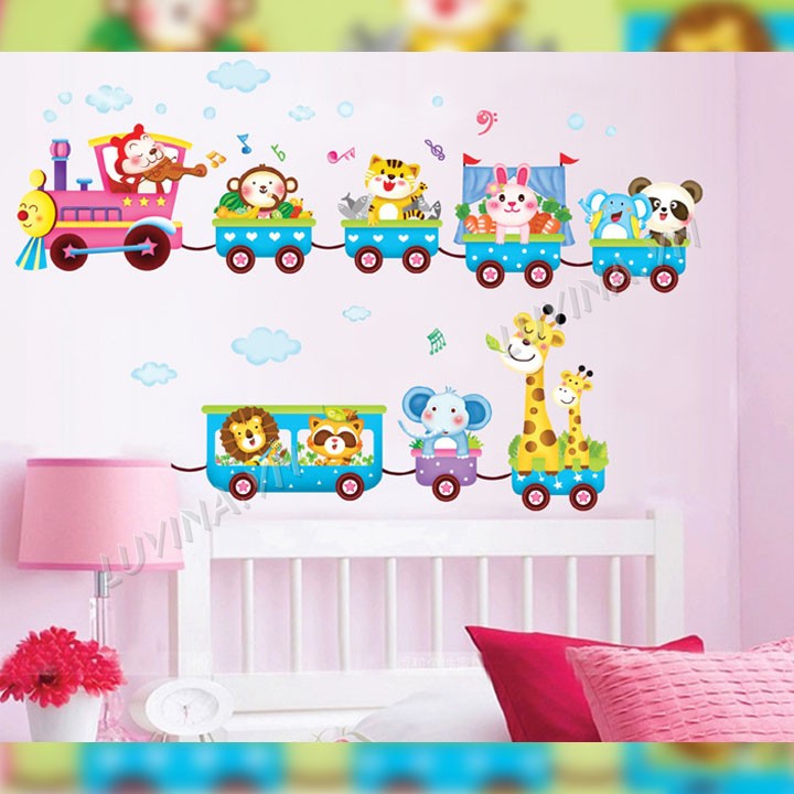 [GIÁ SIÊU TỐT]- [MUA DECAL TẶNG DECAL]-Decal trang trí lớp học, phòng ngủ cho bé-Đoàn tàu rừng xanh-[GIAO HÀNG NGAY]