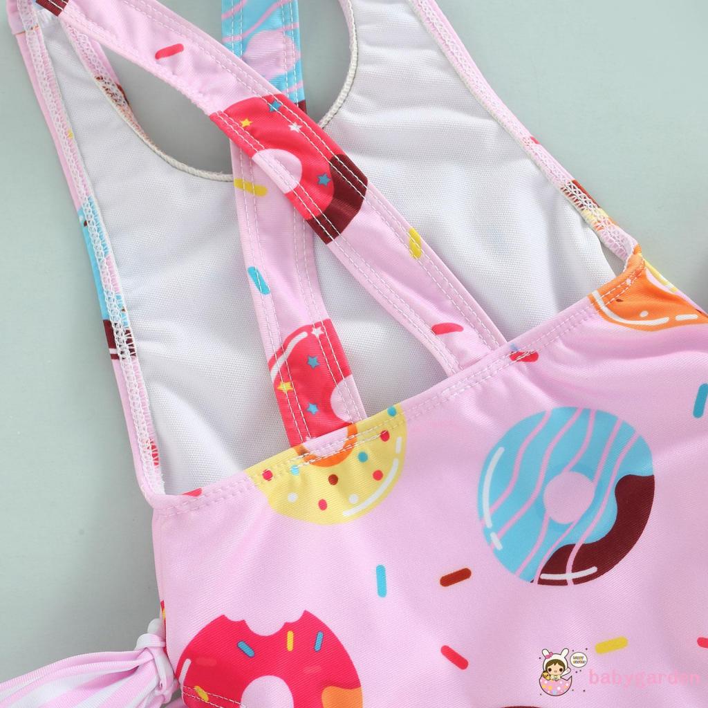 BABYGARDEN-1-6years Baby Girls One-Piece Swimwear, Sleeveless Doughnut/Ice Cream Printed Large Bowknot Ruffled Triangle