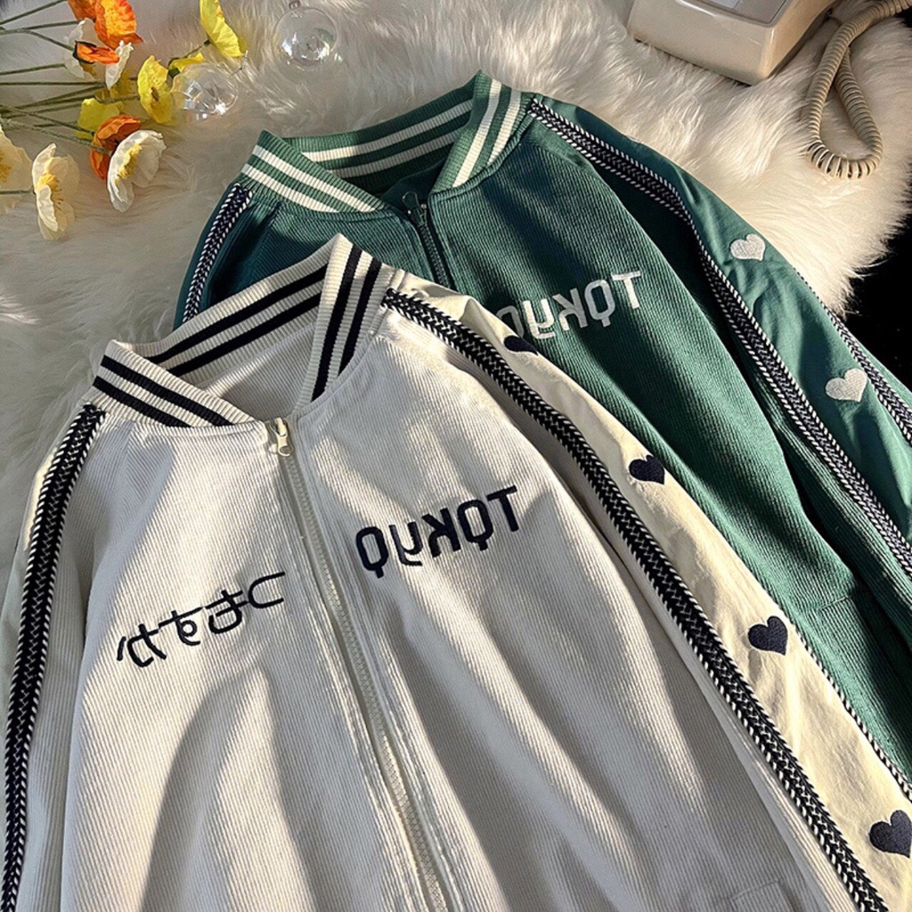 Áo Khoác Chất Nhung Tăm Cổ Tròn Tim Tay Chữ Nhật Nam Nữ Unisex Uzzlang