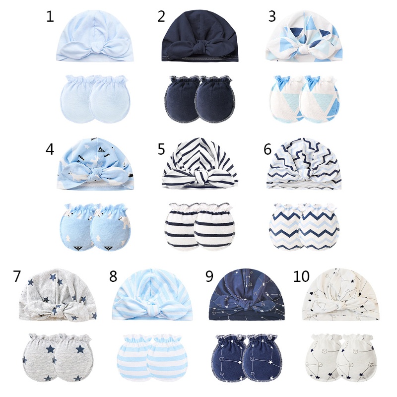 Bộ Găng Tay + Mũ + Găng Tay Cotton Thắt Nút Chống Trầy Xước Cho Bé Sơ Sinh