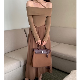 Váy đầm trễ vai dài tay, phối dây chéo cổ, form dáng dài, chiết eo cao tôn dáng