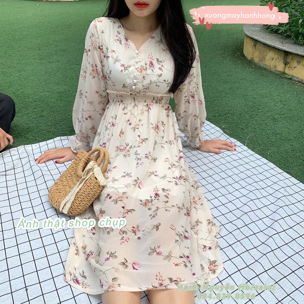 Váy hoa nhí dày tay vintage - Xưởng May Hạnh Hồng