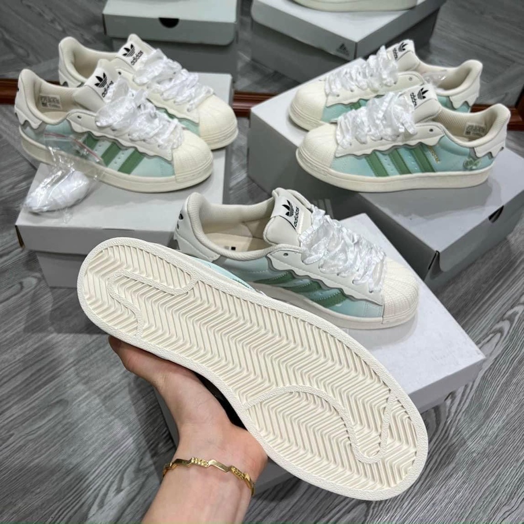 Giày thể thao adidas superstar hồng + xanh kem trắng, giầy das sò 3 sọc hồng, xanh nữ cực chất hot trend 2022