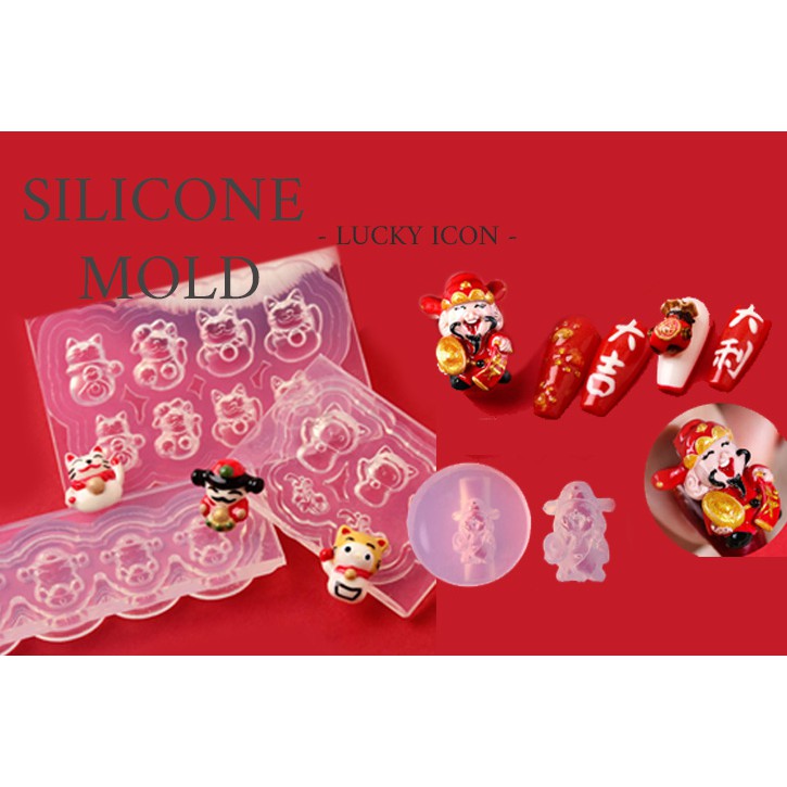 Khuôn silicone đắp bột  bột lưu huỳnh bột nhúng sắc nét  cho móng nail gel hình mèo may mắn, thần tài nail mold