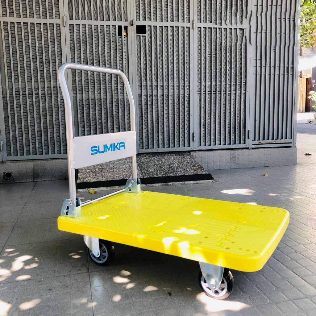 Xe đẩy hàng 4 bánh sàn nhựa SUMIKA T500, tải trọng 500kg, bánh xe nhựa PU đàn hồi, tay cầm gấp gọn