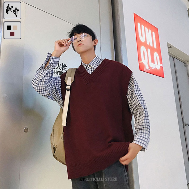 Áo sweater KT M01dệt kim không tay cổ chữ V dáng rộng thời trang Hàn Quốc cho nam và nữ size M-3XL