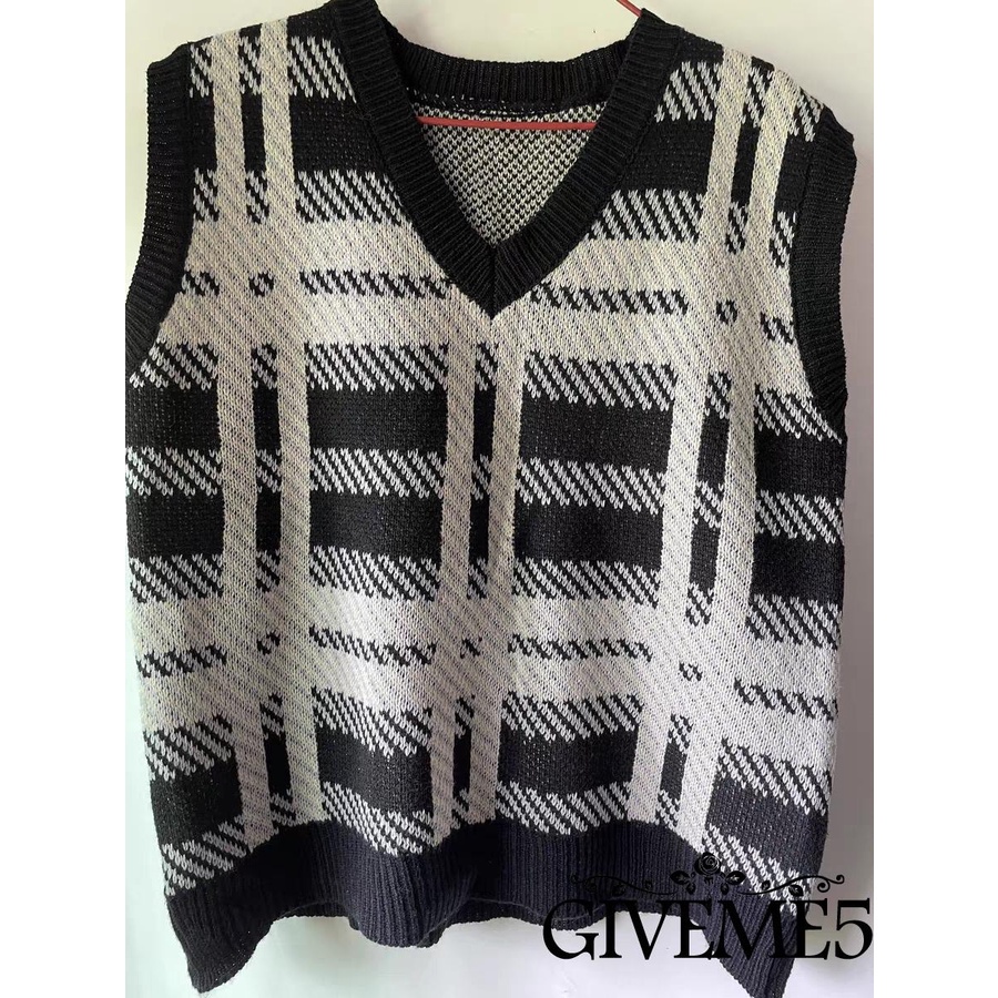 Áo len không tay cổ chữ V màu sắc vintage cho nữ