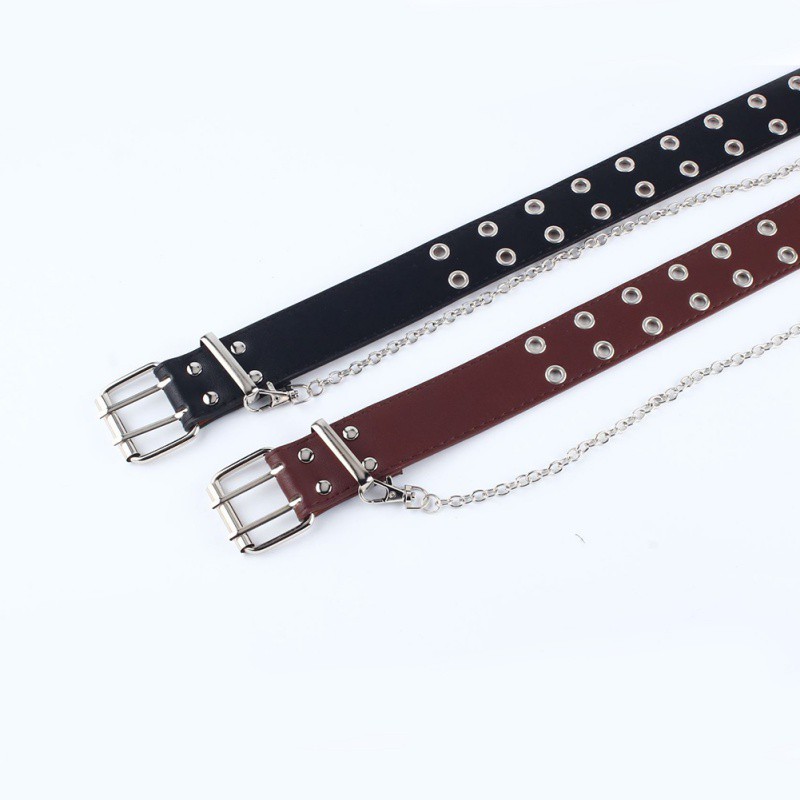 【Felicelife】Dây nịt da PU trang trí hai hàng khoen rỗng và chuỗi kim loại cá tính cho cả nam và nữ