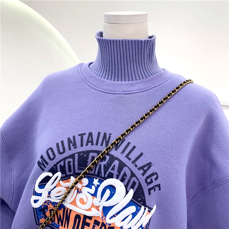 Áo sweater nỉ bông phối cổ len cao cổ in họa tiết phong cách ullzzang Hàn Quốc