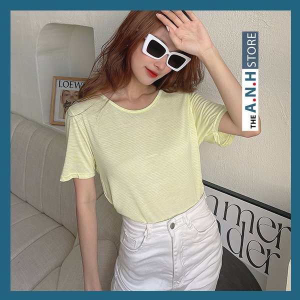 Áo thun nữ sọc cổ tim , cổ V ANHSTORE chất thun lụa cotton thời trang