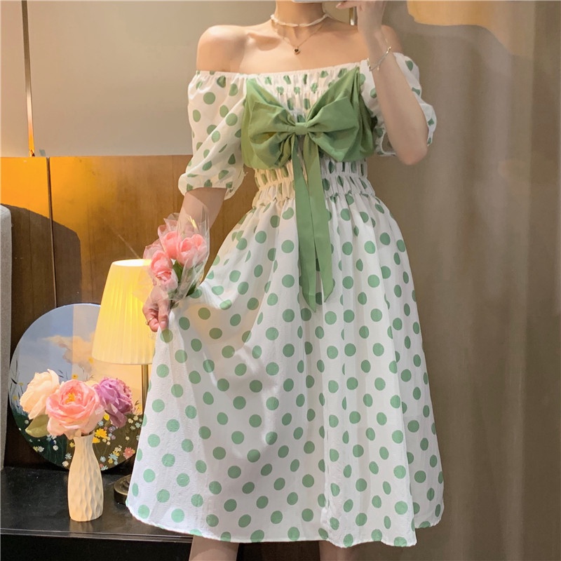 【HangFei】Đầm Cổ V Tay Phồng Đính Nơ Thời Trang Cho Nữ