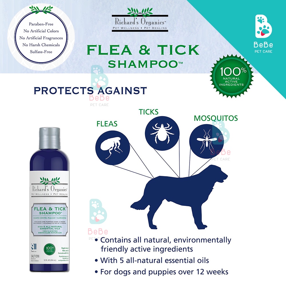 Sữa Tắm Richard's Organics Flea &amp; Tick Từ Thảo Mộc Giúp Phòng Ngừa &amp; Hỗ Trợ Loại Trừ Ve Bọ Rận Cho Chó Mèo 354ml