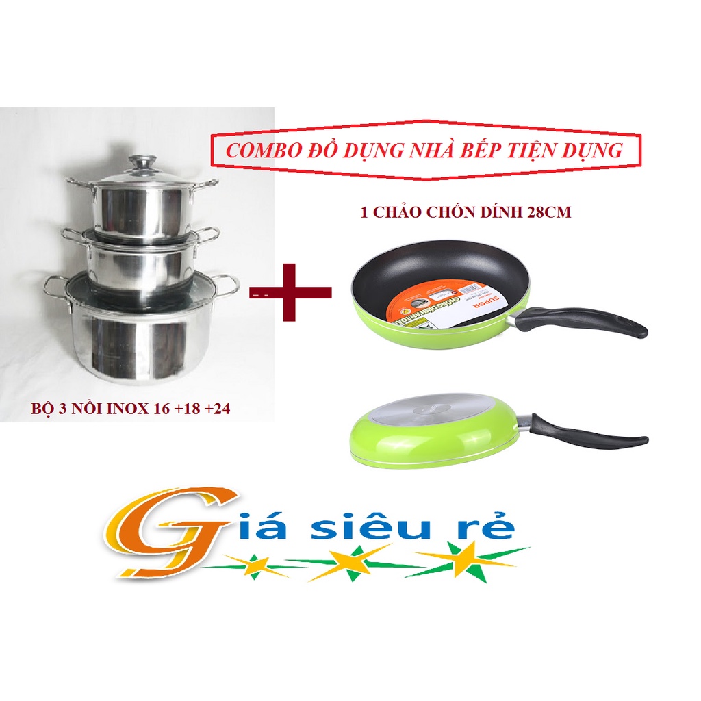 Bộ Nồi inox Cao Cấp Kèm  Chảo Chống Dính, Lớp Thép Dày Kích Thước 16cm +18Cm +24Cm Phù Hợp Mọi Loại Bếp