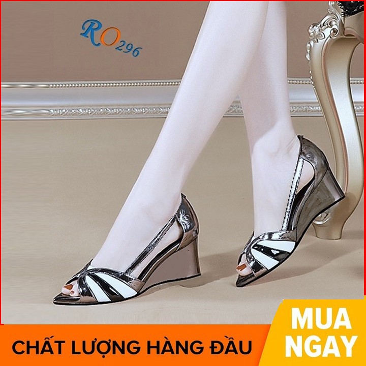 Giày cao gót nữ đẹp đế vuông 6 phân màu xanh trắng hàng hiệu rosata ro296
