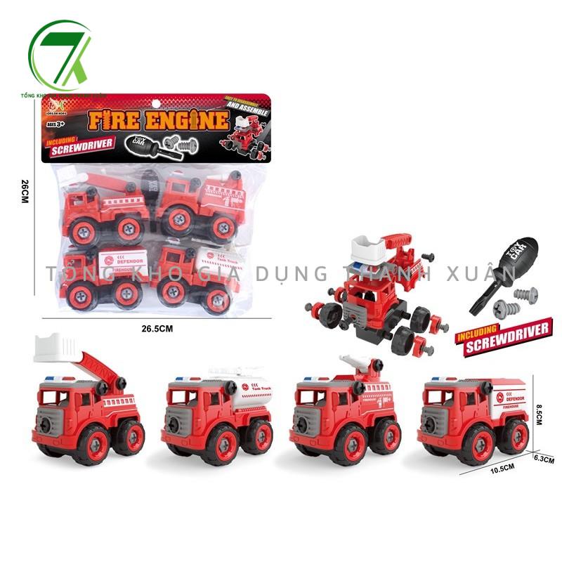 Bộ đồ chơi 4 xe mô hình CỨU HỎA tháo lắp bằng tua vít cho bé vui chơi rèn luyện trí nhớ, tưởng tượng TK Thanh Xuân