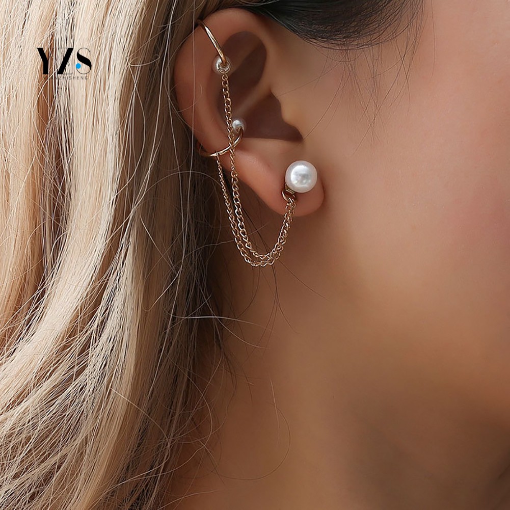 1Pc Women Jewelry Pearl Chain Clip Stud Earrings