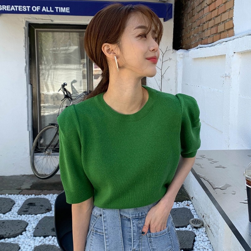 (ORDER) Áo len cộc tay dệt kim mỏng mùa hè cổ tròn tay lỡ màu xanh lá style Hàn Quốc nhẹ nhàng
