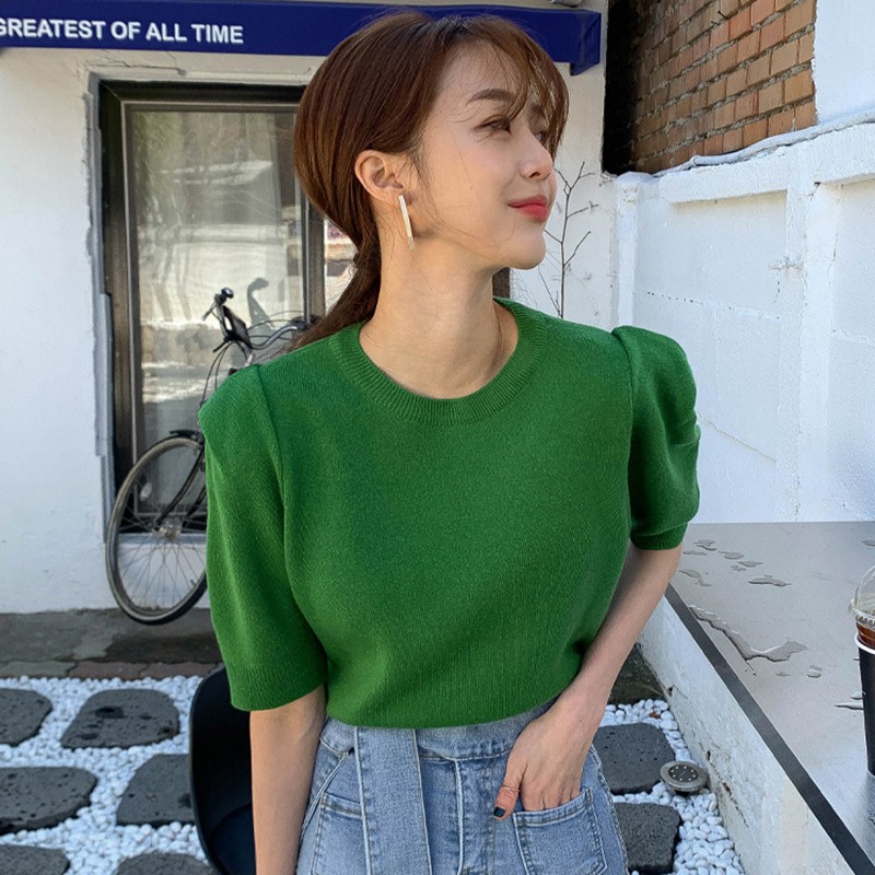 Áo len cộc tay dệt kim mỏng mùa hè cổ tròn tay lỡ màu xanh lá style Hàn Quốc nhẹ nhàng