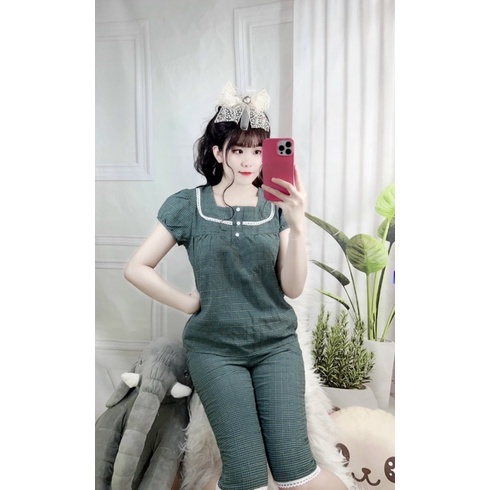 Đồ bộ nữ mặc nhà mùa hè quần lửng vải đũi Hàn siêu mềm mát màu kẻ ô thời trang