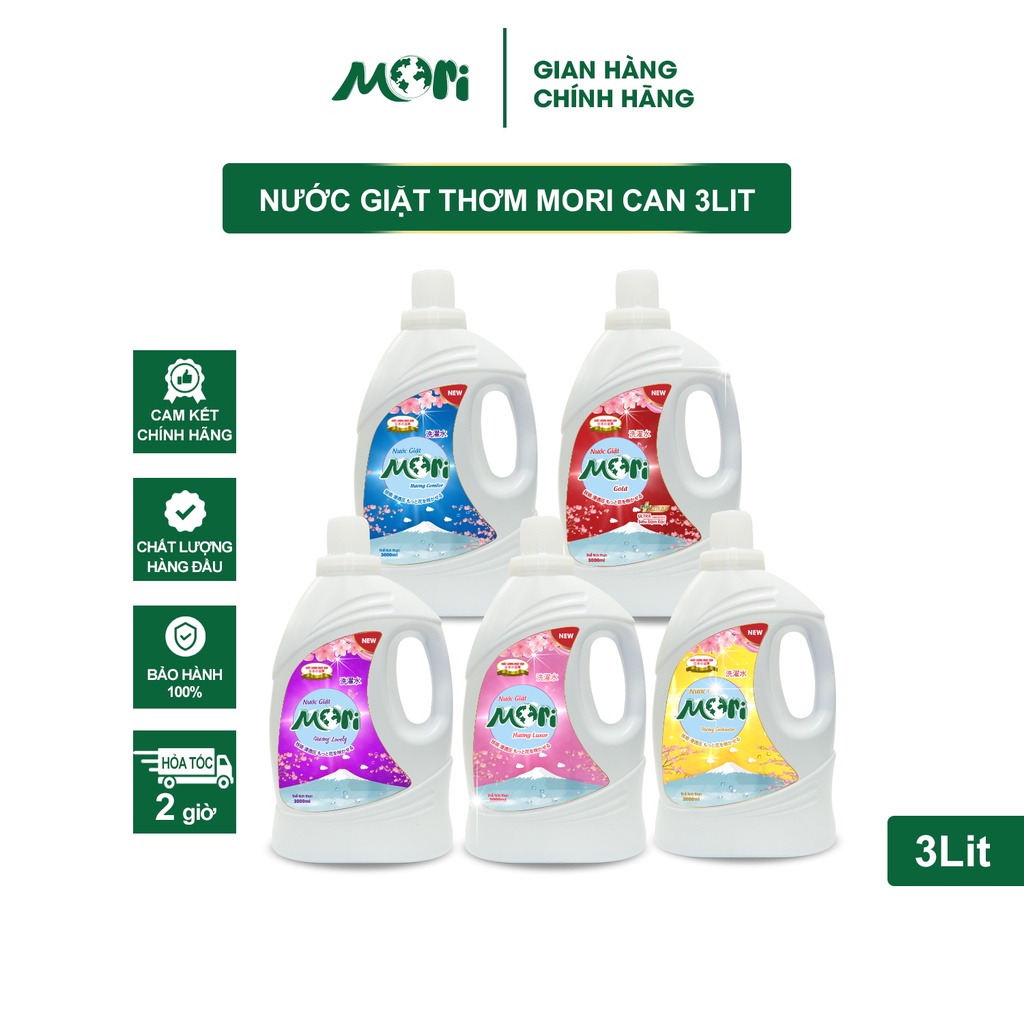 Nước giặt thơm Mori can 3Lit, Hương Comfor, Hương Lovely, Hương Enchanter, Hương Luxor, Hương đặc biệt Gold
