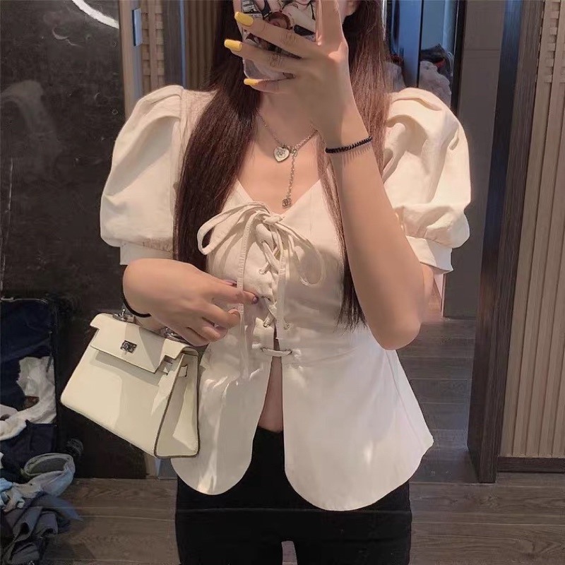 Áo sơ mi tay phồng cổ V kiểu thắt dây - Quần áo taobao new thanh lý 100