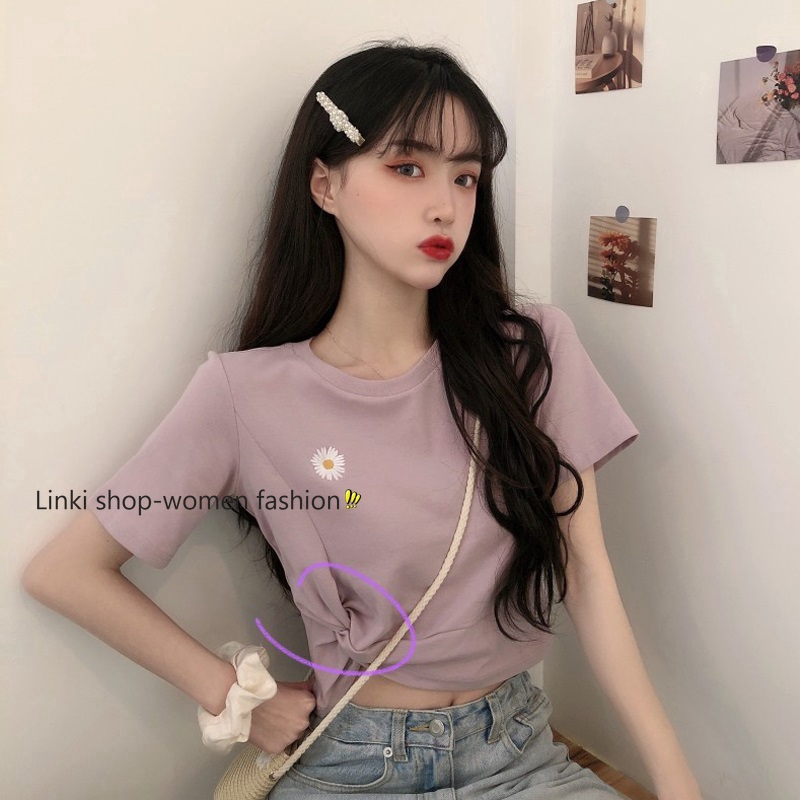 Áo Thun Ngắn Tay Thêu Hoa Cúc Xinh Xắn Cho Nữ
