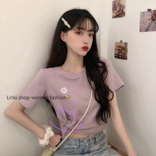 Áo Thun Ngắn Tay Thêu Hoa Cúc Xinh Xắn Cho Nữ