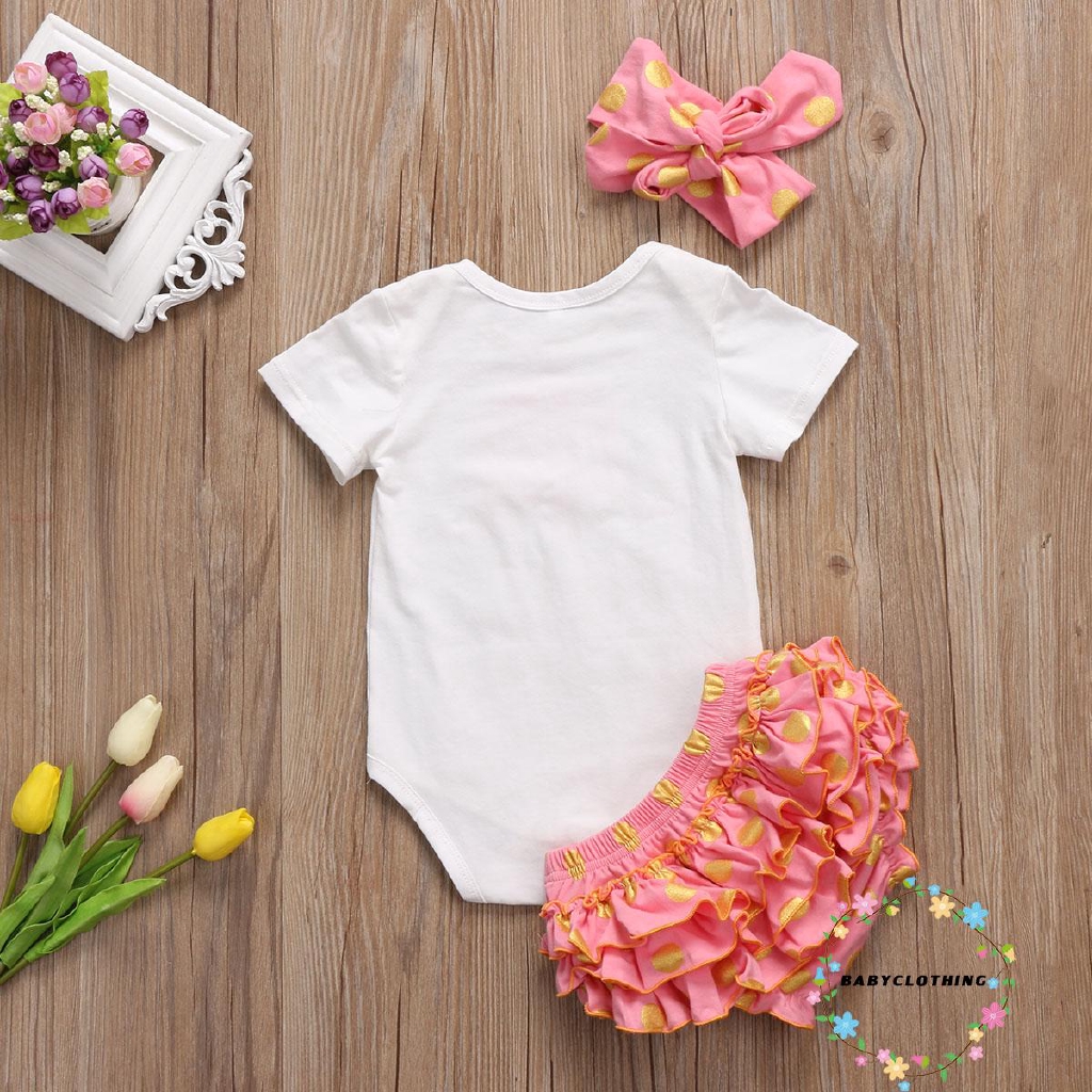 Set áo liền quần ngắn tay + quần short + Băng đô nơ dễ thương cho bé gái
