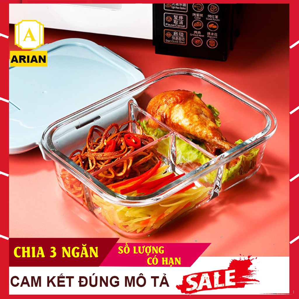 [3 Ngăn] Hộp Thủy Tinh Đựng Thức Ăn, Cơm Mang Đi Chia 3 Ngăn Thể Tích 1040ml